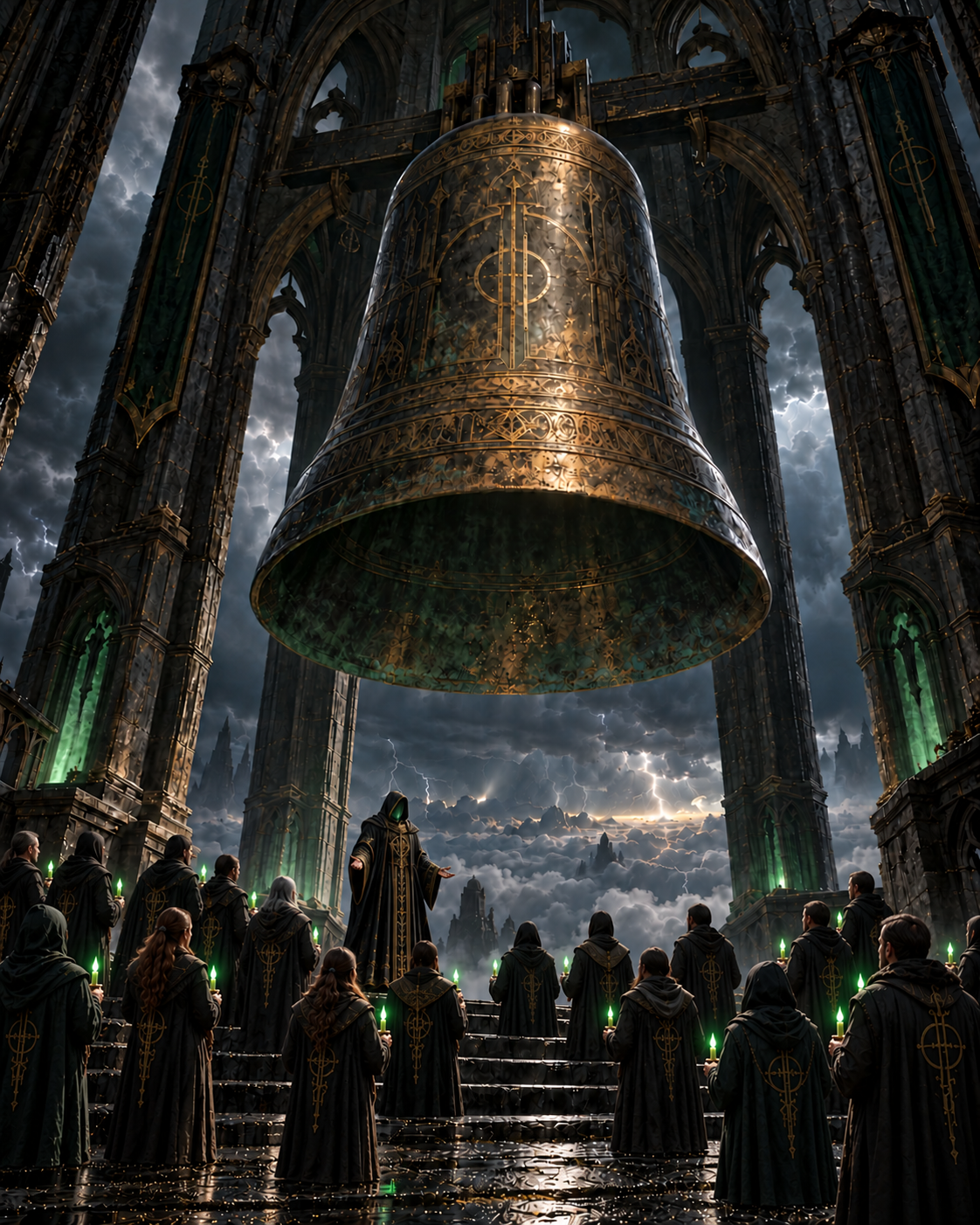 The High Priest facing the standing faithful as they hold green candles beneath the great bell