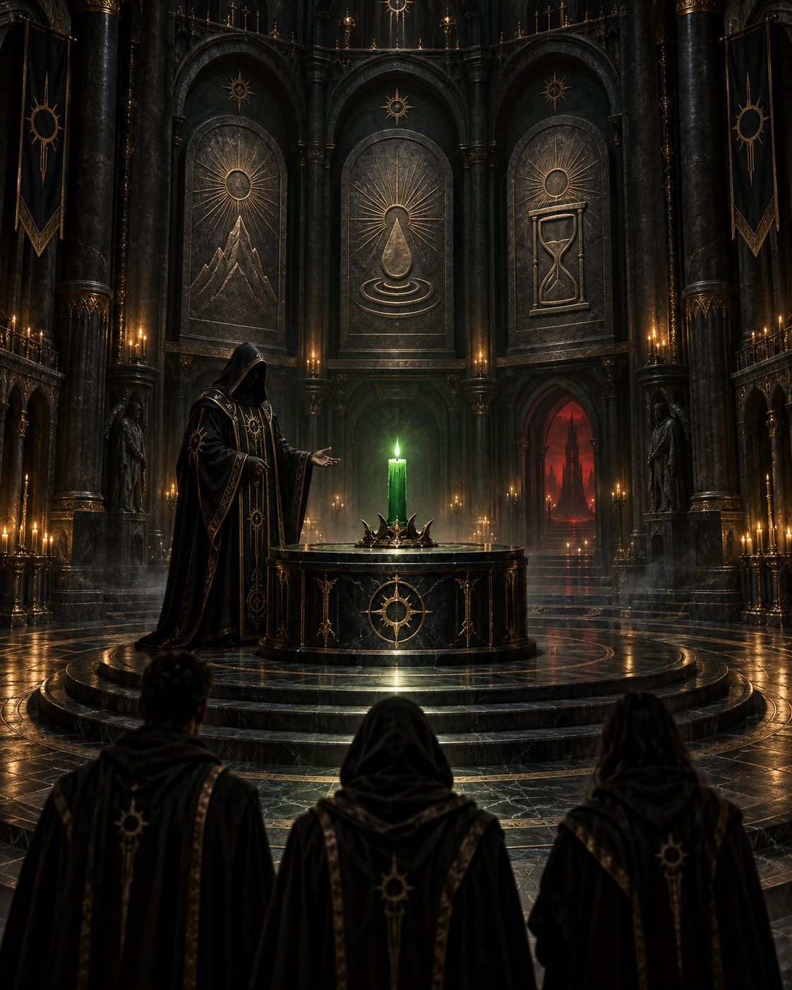 The High Priest teaching three initiates before the Eternal Green Candle