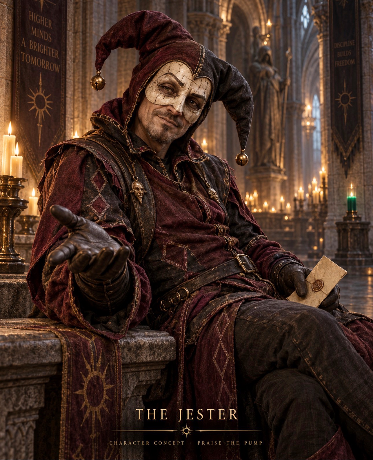 The Jester seated inside the Temple, extending an invitation to enter his Court